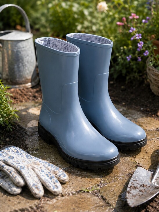 Garden Boot Shoes - Home Garden Women's Size 9 Gray Blue Waterproof Rubber Garden Rain Boots NEW